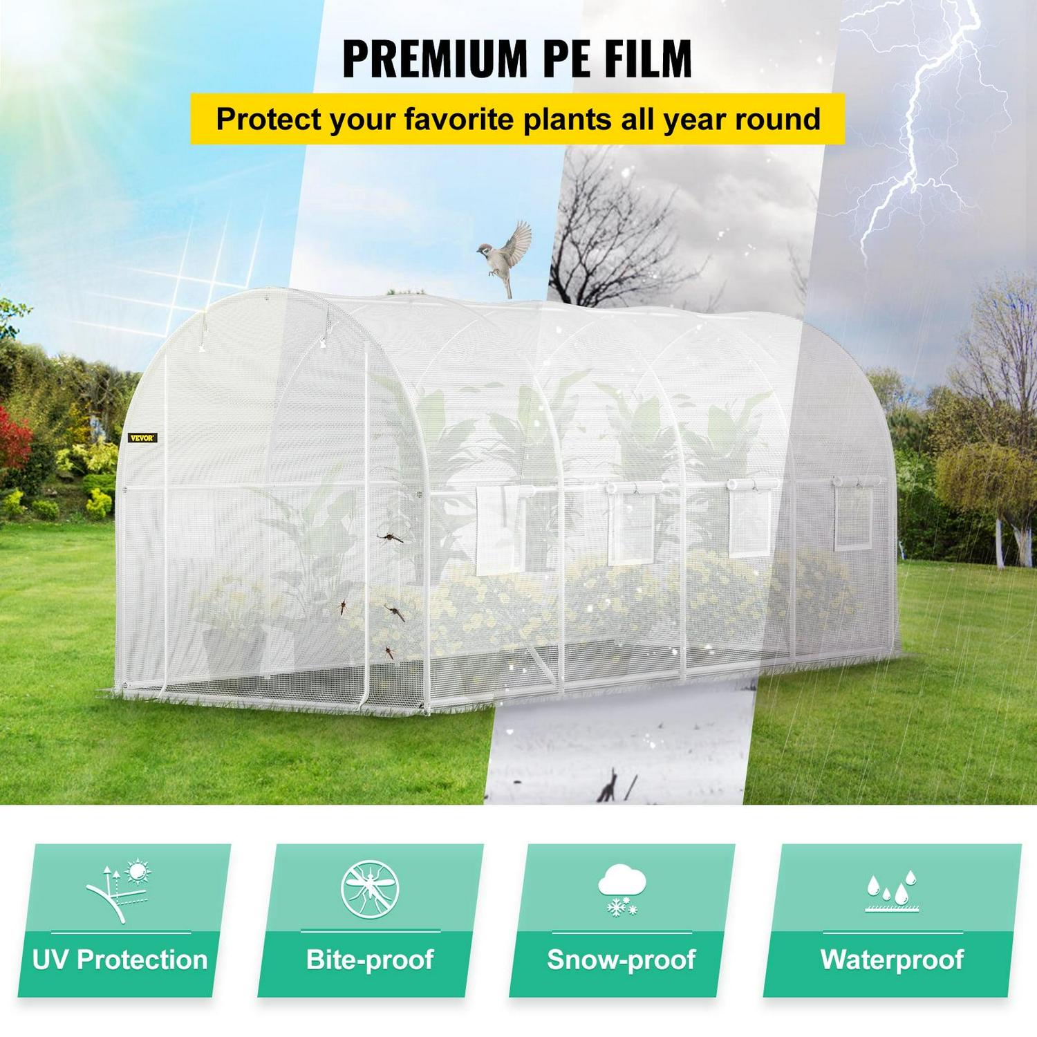 VEVORbrand 15x7x7 ft Walk-in Tunnel Greenhouse, Portable Plant House, Galvanized Steel Frame, Zippered Door, 8 Roll-up Windows, White