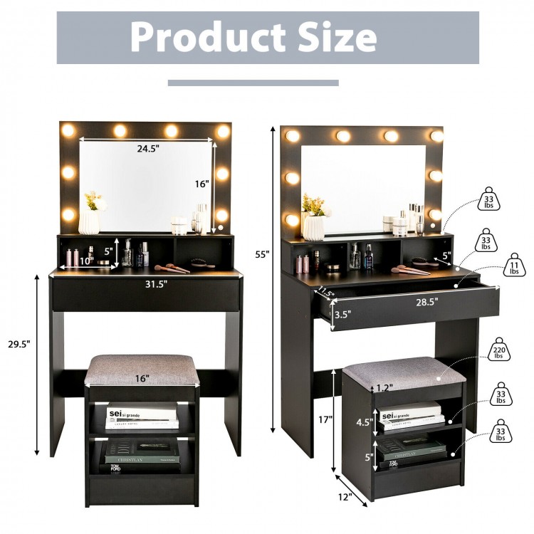 Vanity Table Set with Cushioned Stool and Lighted Mirror