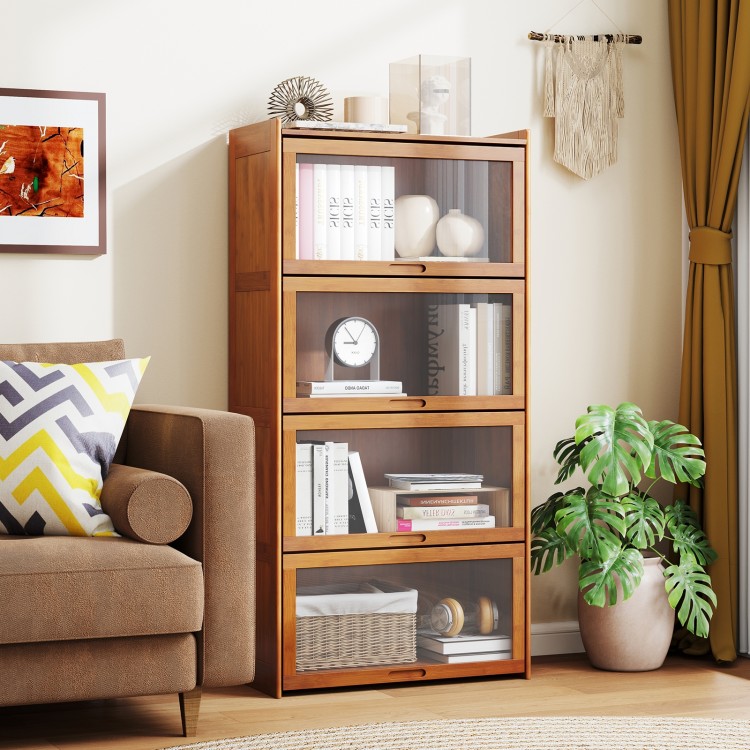 4-Tier Bamboo Bookcase with Doors for Study Room Living Room