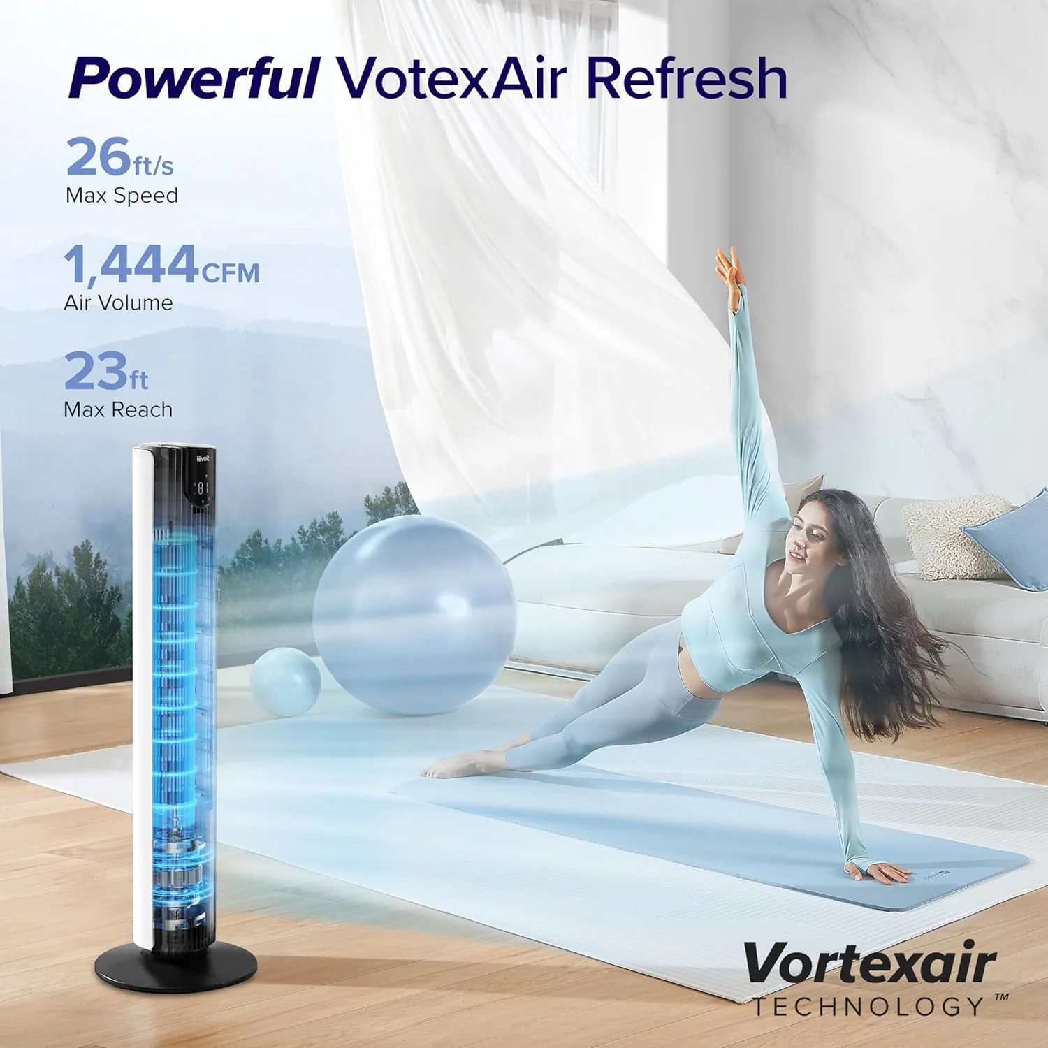 LEVOIT Tower Fan for Bedroom, Standing Fan with 28dB Quiet for Sleep, Remoter, 12H Timer, 25ft/s Velocity, 5 Speeds, 4 Modes, 90° Oscillation for Home, Office, Indoor, Bladeless 36 inch, White