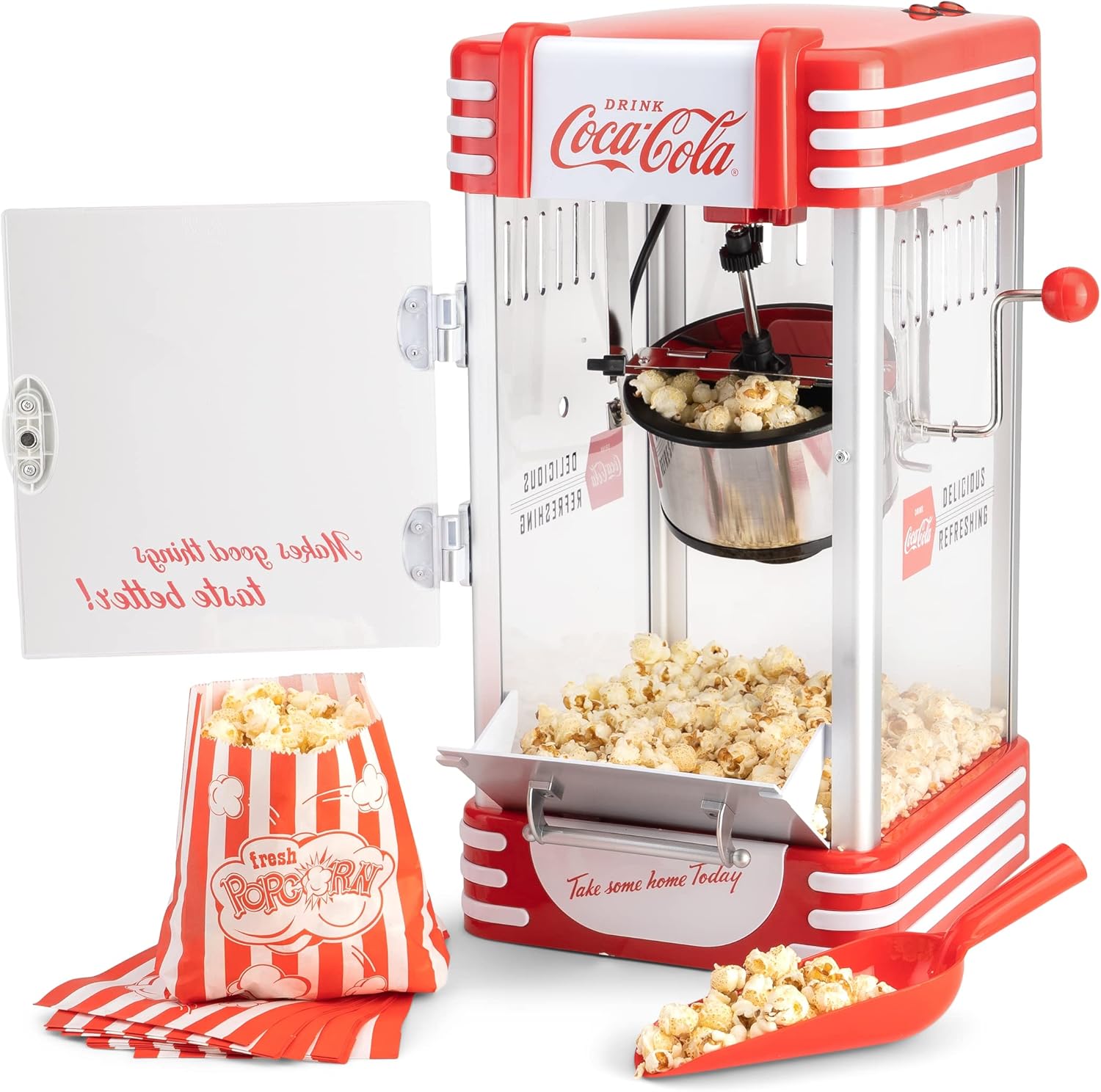 Salco Coca-Cola popcornmaskine - rødt popcornmaskine popcornmaskine (50'erne), biografstil, rustfri stålkedel med non-stick belægning, integreret røresystem, belysning og kabeloprulning