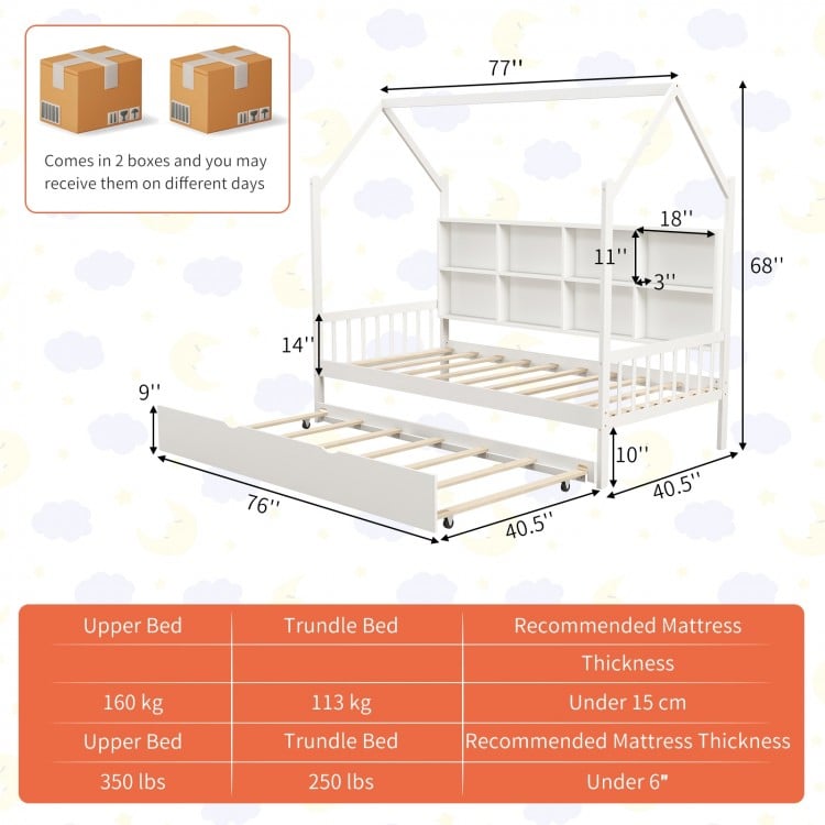 Twin Size Kids Montessori Daybed with Roof and Shelf Compartments
