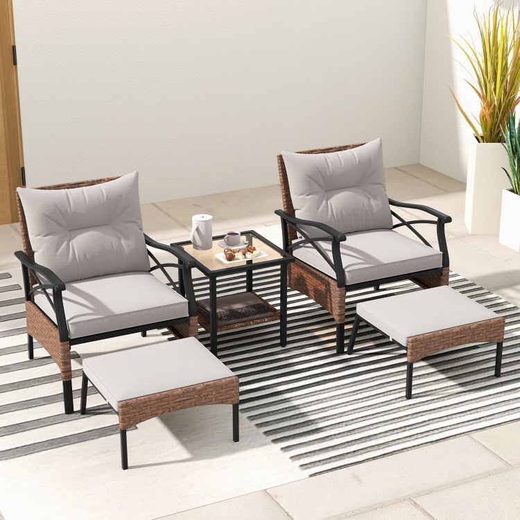 5 Pieces Wicker Patio Furniture Set Ottomans and Cushions and 2-Tier Tempered Glass Side Table