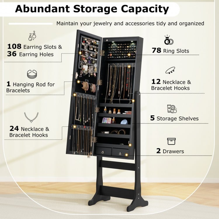Lockable Freestanding Jewelry Cabinet Armoire with Full-Length Mirror and Lights