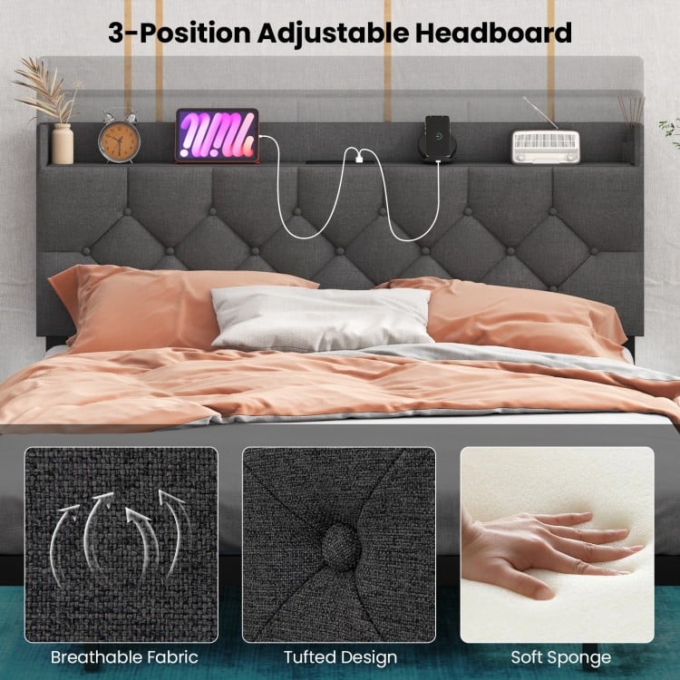 Full/Queen Size Floating Bed Frame with LED and Headboard and Charging Station