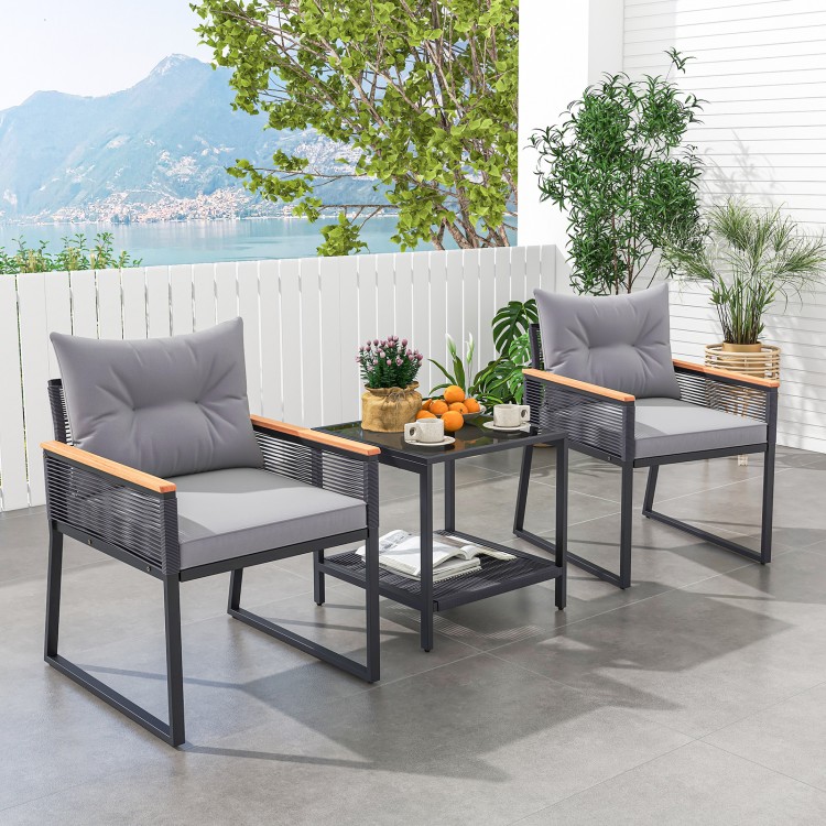 3 Pieces Patio Furniture Set with 2 Tier Coffee Table and Soft Seat Cushions