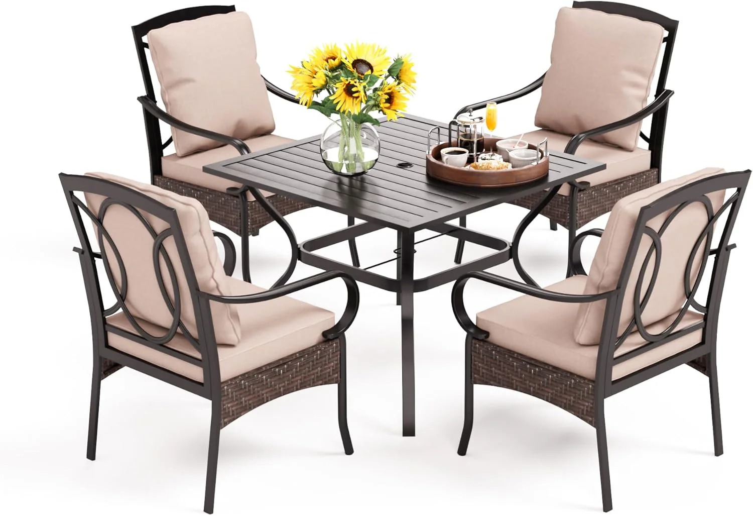 PHI VILLA 6-Piece Outdoor Dining Sets, All-Weather Patio Table and Chairs Set with Umbrella for 4, Heavy Duty Patio Round Table Set for Deck, 4 Extra Large Outdoor Swivel Chairs with Thick Cushions