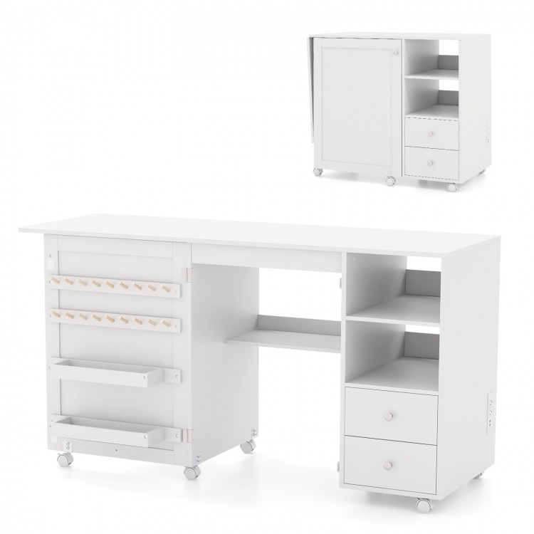 Folding Sewing Table with Charging Station and Storage Shelves