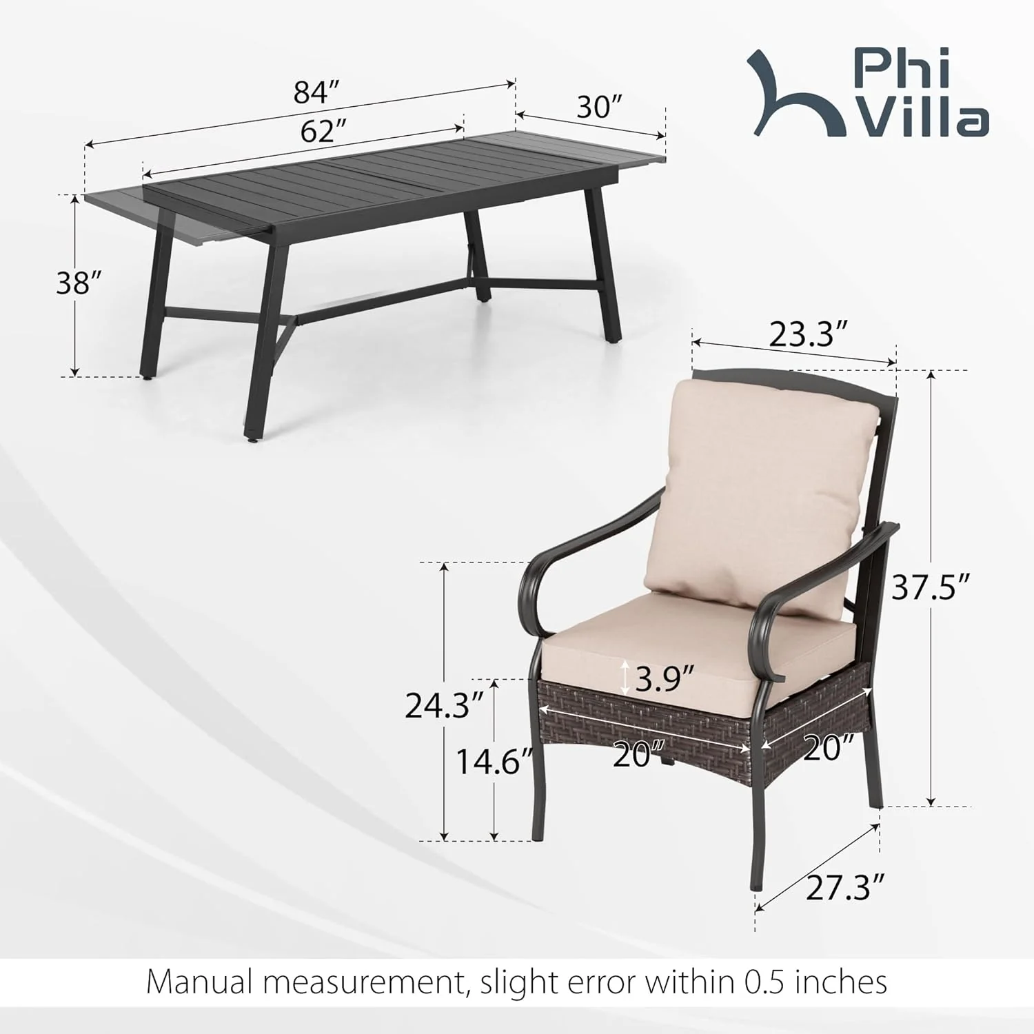 PHI VILLA 6-Piece Outdoor Dining Sets, All-Weather Patio Table and Chairs Set with Umbrella for 4, Heavy Duty Patio Round Table Set for Deck, 4 Extra Large Outdoor Swivel Chairs with Thick Cushions