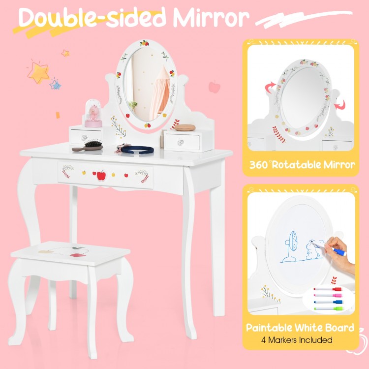Kids Vanity and Stool Set with 360° Rotatable Mirror and Whiteboard