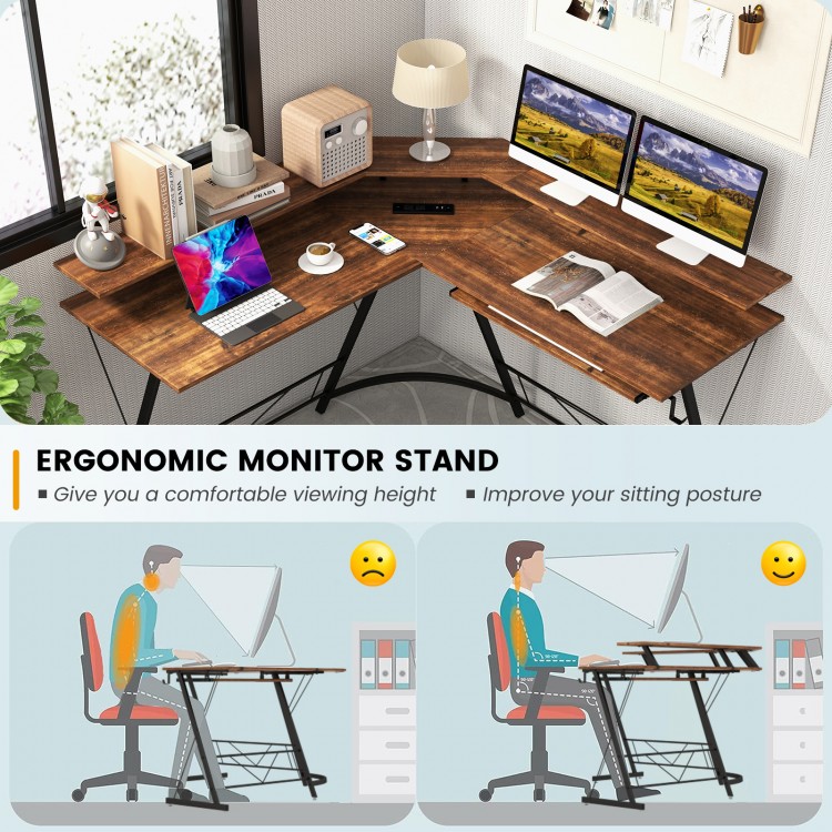 L-shaped Computer Desk with Power Outlet and Monitor Stand