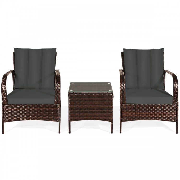 3 Pieces Patio Rattan Conversation Set with Glass Top Coffee Table and Cushions