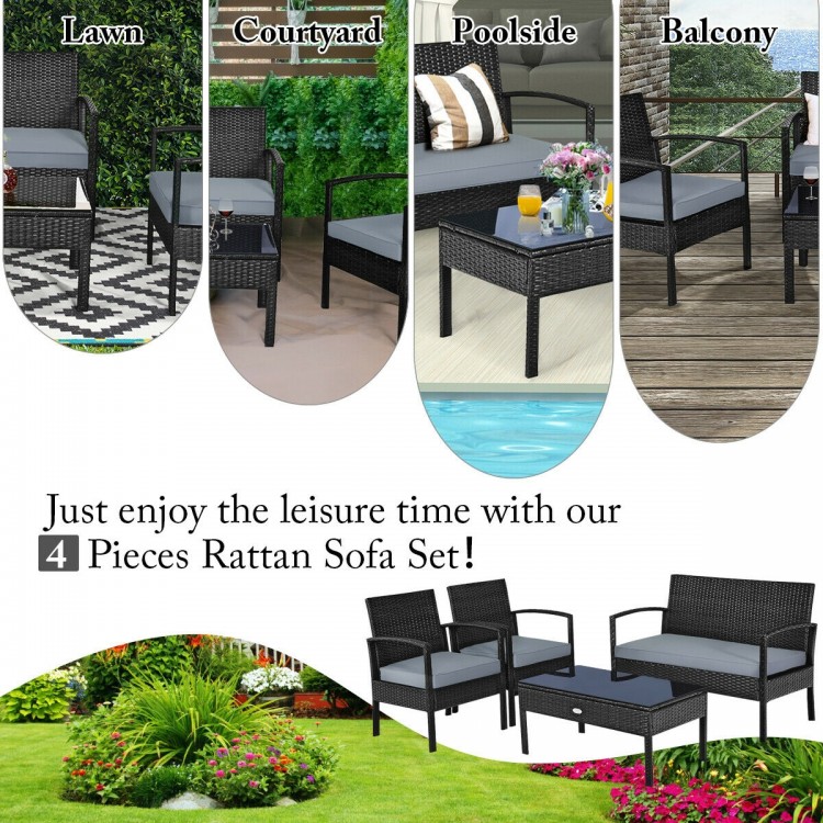 4 Pieces Patio Rattan Cushioned Furniture Set with Lounger and Table