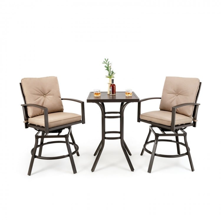 3 Pieces Patio Swivel Bar Table Set with Removable Cushions and Rustproof Metal Frame