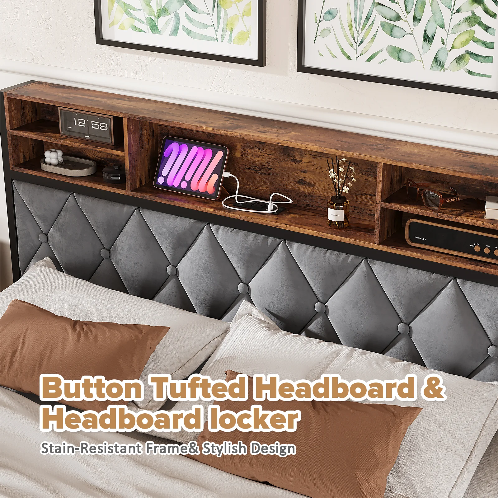 Bed Frame Queen Size with Charging Station