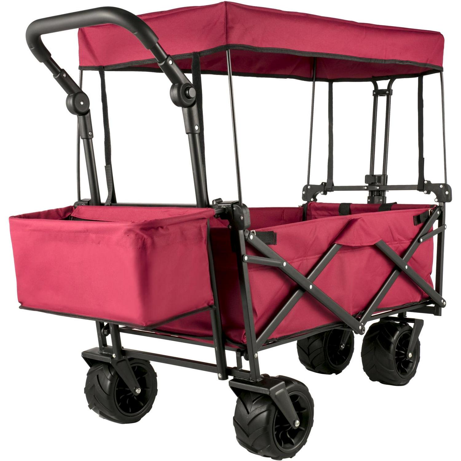 VEVORbrand Red Collapsible Wagon Cart with Canopy, 360° Wheels, Adjustable Handles, 220 lbs Capacity for Beach & Garden
