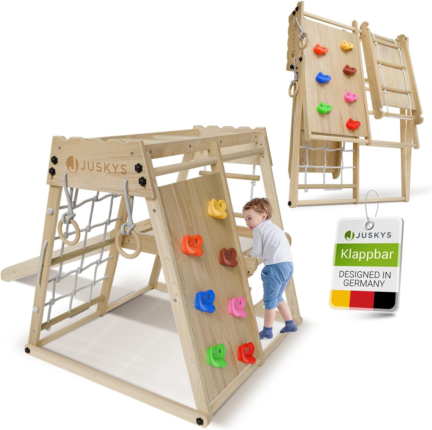 Juskys Maxi klatrestativ til børn - Indendørs legeplads med rutsjebane, klatrevæg, klatrenet & gynge - træ klatretårn foldbart - natur