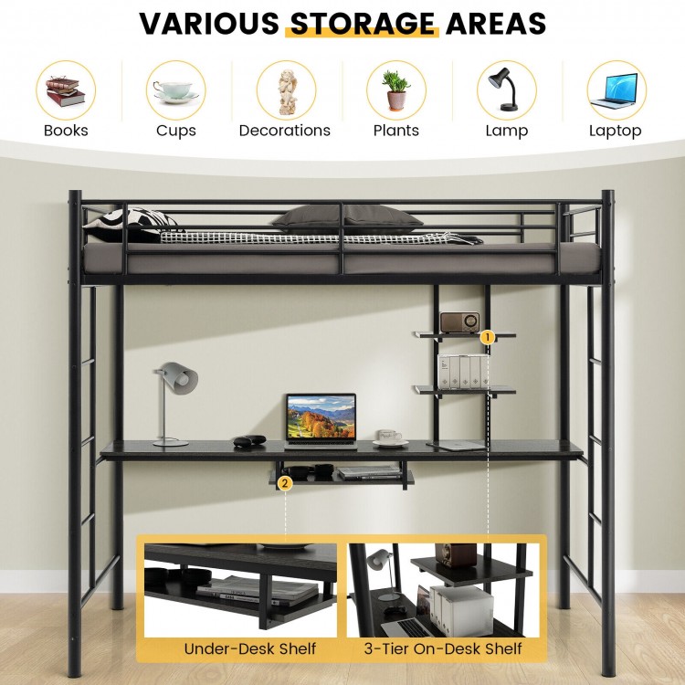 Twin Size Loft Bunk Bed with Desk Storage Shelf and Full-Length Ladders