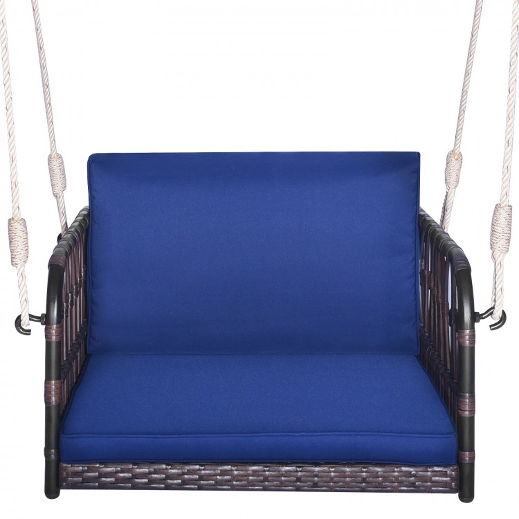 Patio Rattan Single Person Hanging Swing with Seat and Back Cushions