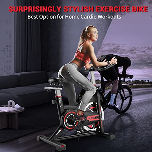 DMASUN Indoor Cycling Bike, Alloy Steel, Silent Resistance, Adjustable Seat, Digital Display, Black-Red