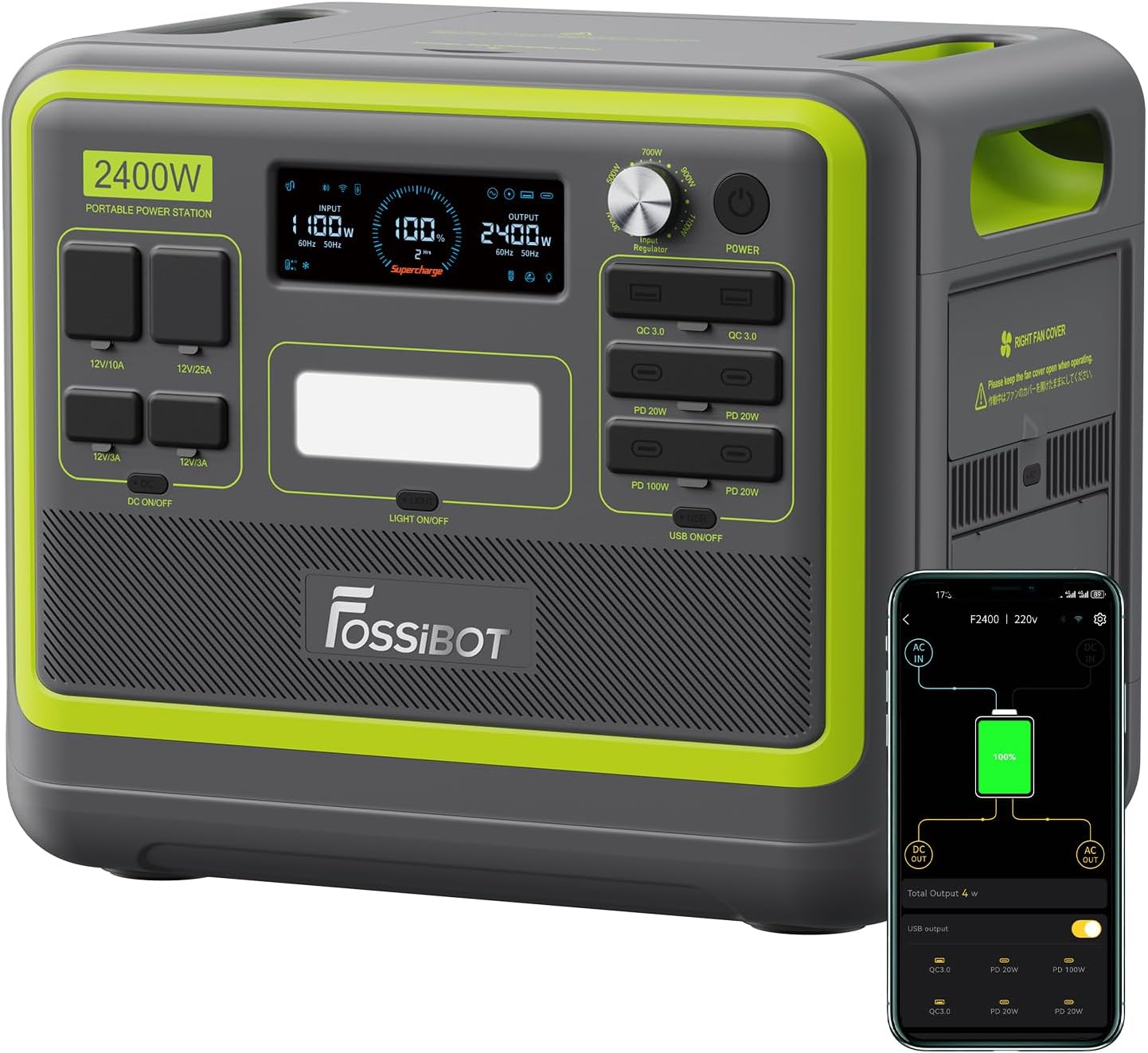 FOSSIBOT F2400 solgenerator, bærbar strømstation 2048Wh LiFePO4 batteribackup med 2400 W AC udgange (4800W Peak), strømstation til udendørs camping, autocamperrejser, hjemmebrug