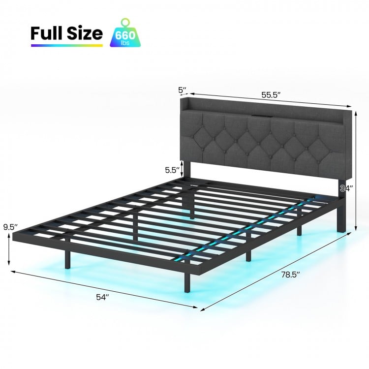 Full/Queen Size Floating Bed Frame with LED and Headboard and Charging Station