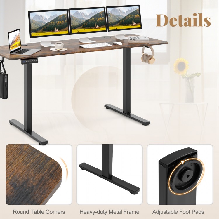 Electric Standing Desk with 3 Memory Heights and 2 Hanging Hooks and Cable Holes