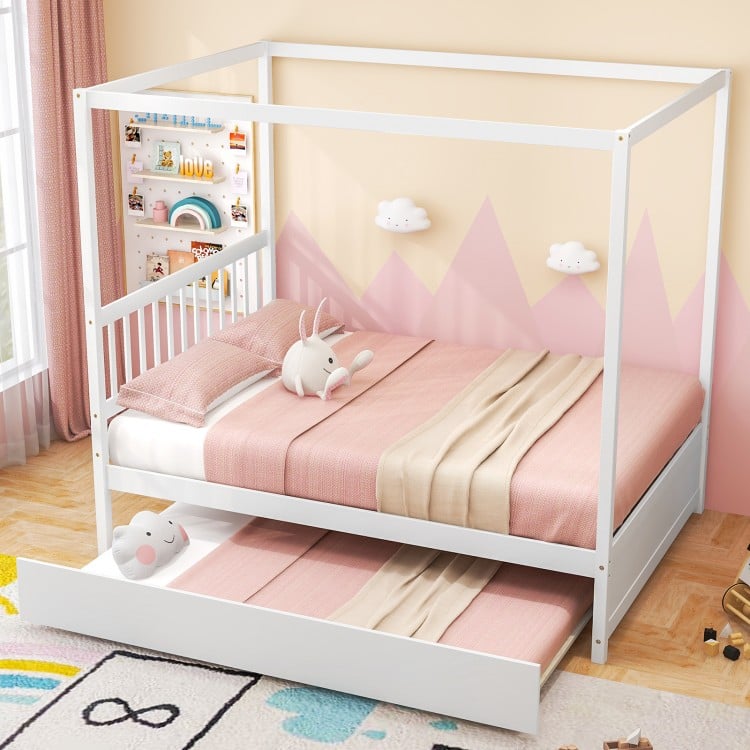 Full Size Canopy Bed Frame with Trundle and Headboard for Kids