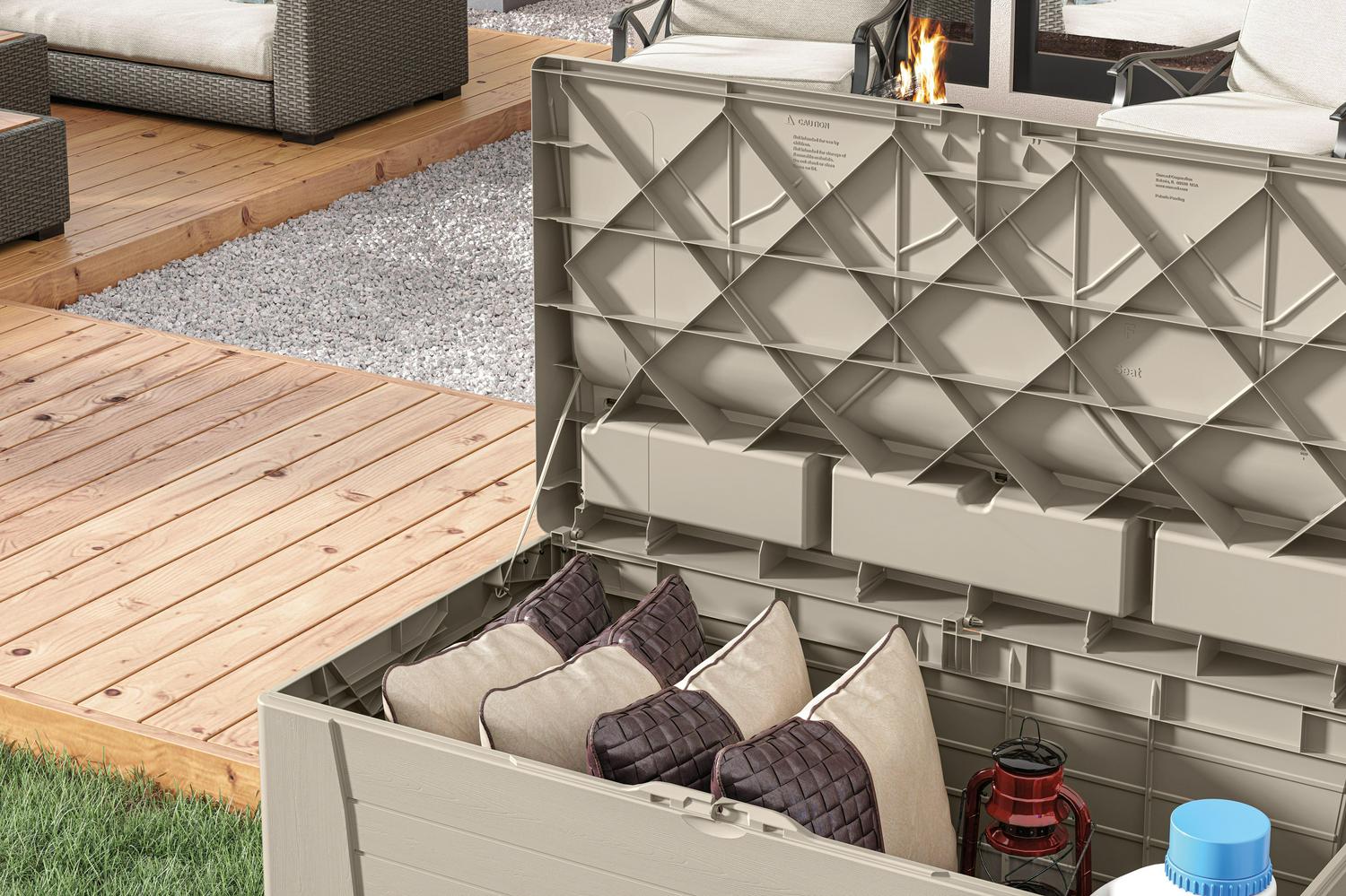 Suncast 127 Gal Resin Patio Storage Deck Box with Seat, Taupe, Weather-Resistant