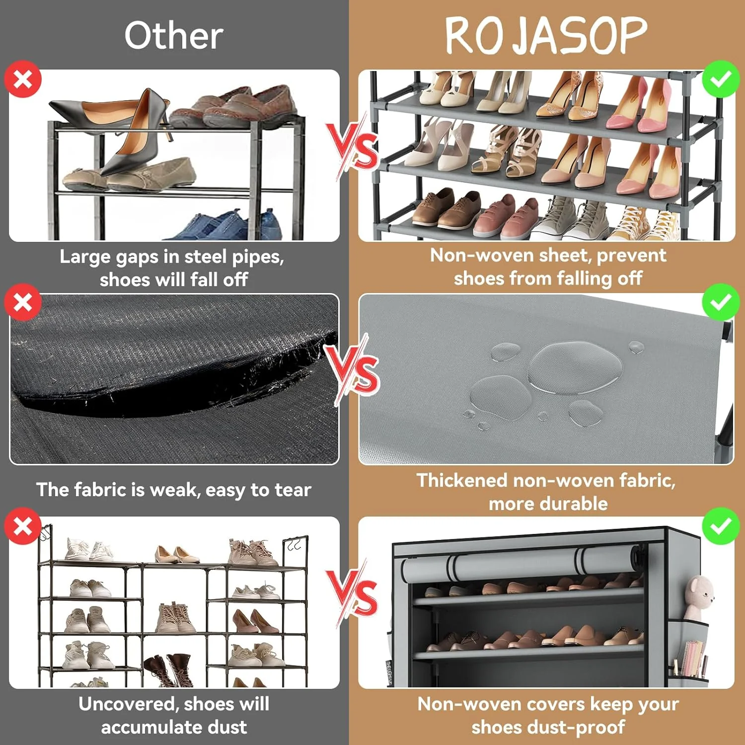 ROJASOP 10 Tier Shoe Rack with Covers,Large Capacity Stackable Tall Shoe Shelf Storage to 50-55 Pairs Shoes and Boots Sturdy Metal Free Standing Shoe Rack Organizer for Closet Entryway Garage