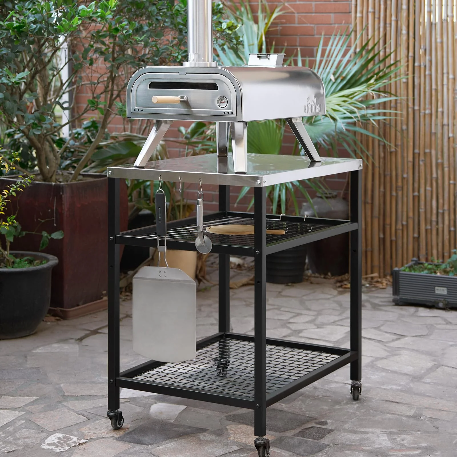 WEASHUME Stainless Steel Grill Cart Pizza Oven Stand Trolley Table