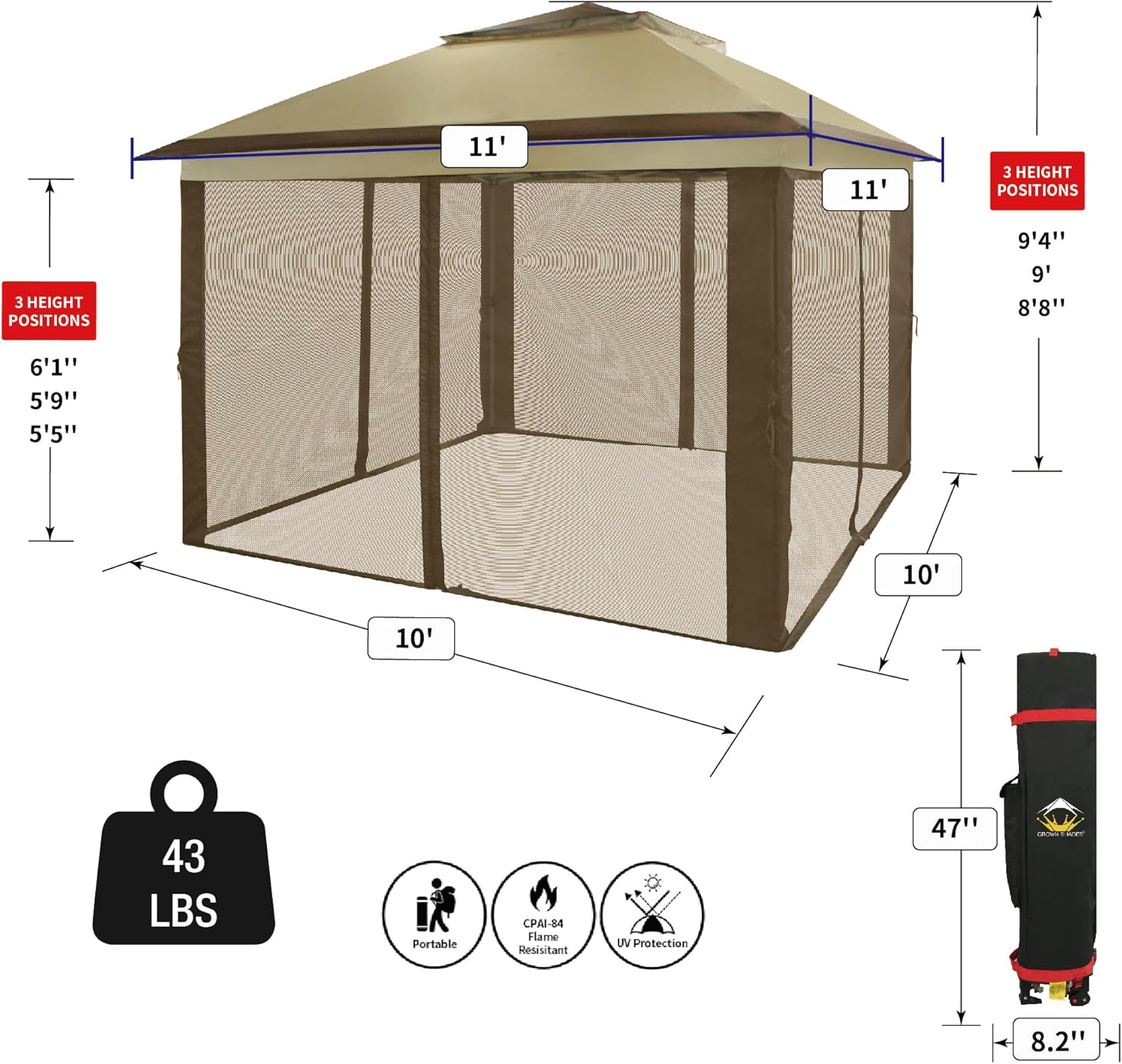 CROWN SHADES 13x13 Pop Up Gazebo, Canopy Tent, Gazebos on Clearance - Outdoor Gazebo for Backyard & Patio Furniture - Carpa Pop Up Tent with Wheeled STO-N-Go Cover Bag (White)