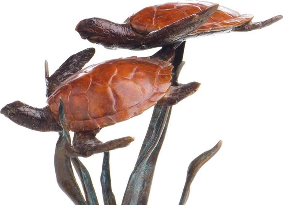 San Pacific International Double Sea Turtle Brass Statue, 10′′ Hand-Finished with Marble Base