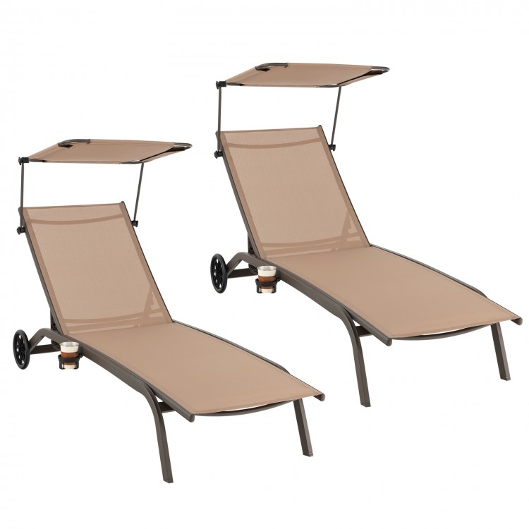 Patio Heavy-Duty Adjustable Chaise Lounge Chair with Canopy Cup holder and Wheels