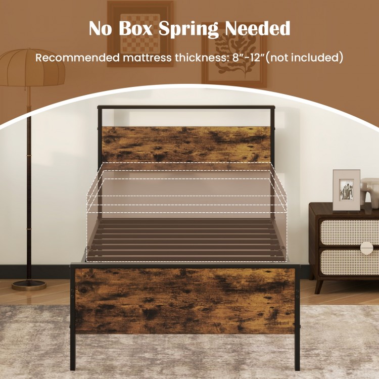 Twin/Full/Queen/King Metal Bed Frame Industrial Platform Bed with Wooden Headboard