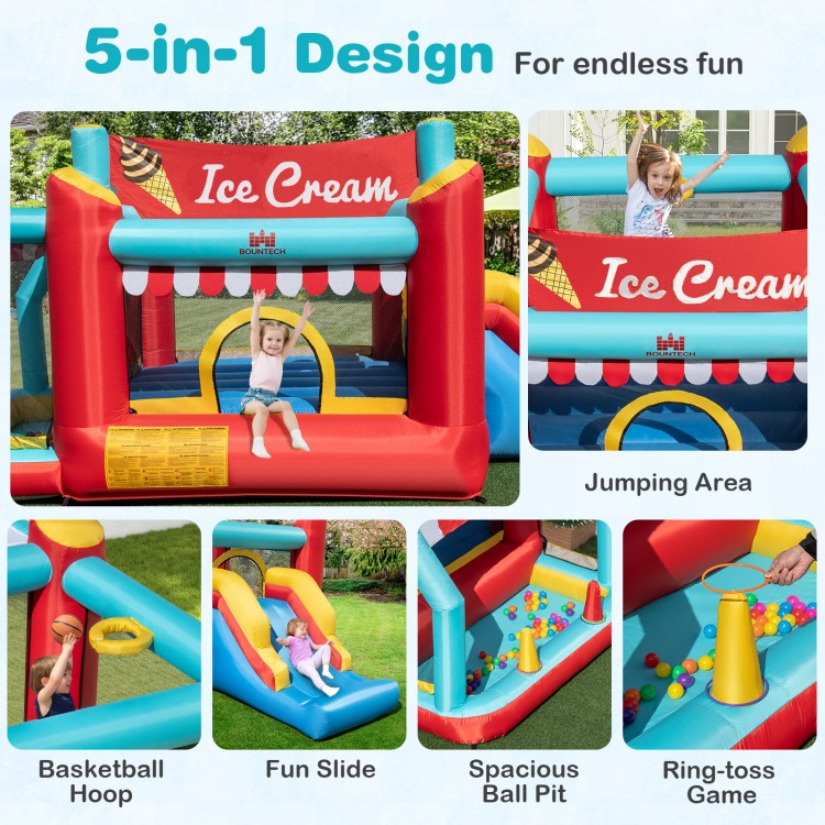 5-in-1 Ice Cream Inflatable Bounce House with Ball Pit and Slide with 480W Blower