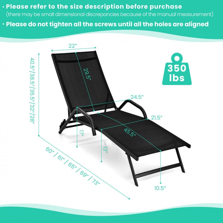 2 Pieces Outdoor Chaise Lounge with 5-Position Adjustable Backrest