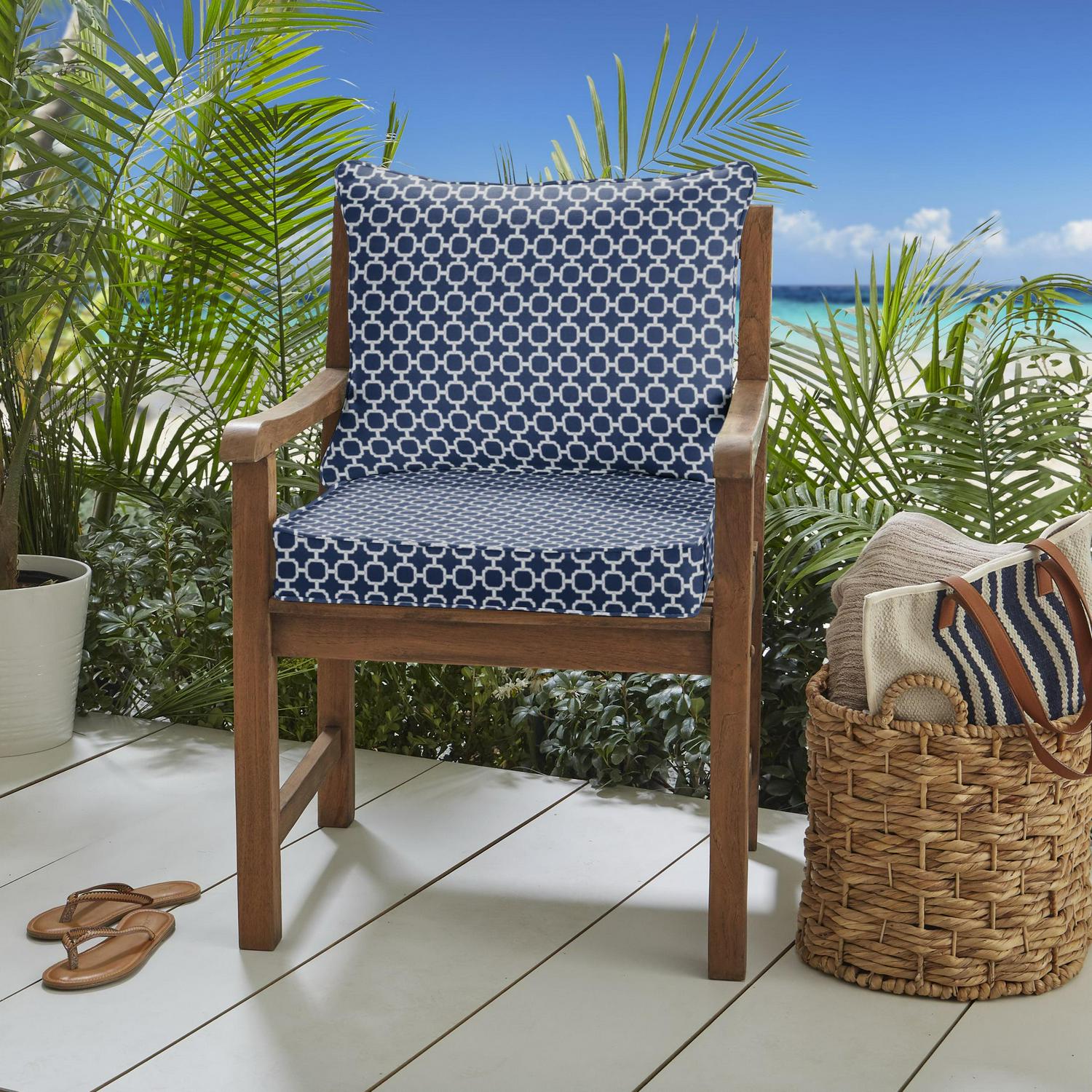 Sorra Home Navy Chainlink Indoor/Outdoor Cushion Set – Fade & Mildew Resistant, Eco-Friendly Fill, Includes Pillow & Cushion