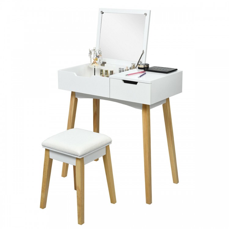 Wooden Vanity Table with Flip Top Mirror and Cushioned Stool