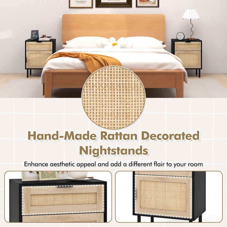 Rattan Nightstand Set of 2 with Drawer and Cabinet