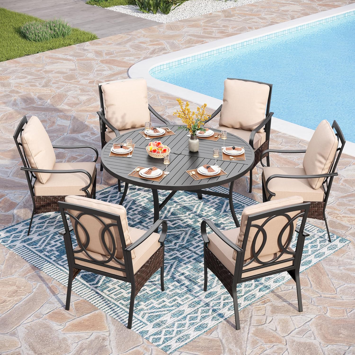 PHI VILLA 6-Piece Outdoor Dining Sets, All-Weather Patio Table and Chairs Set with Umbrella for 4, Heavy Duty Patio Round Table Set for Deck, 4 Extra Large Outdoor Swivel Chairs with Thick Cushions
