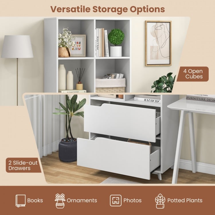 4-Tier Open Bookcase with 2 Drawers and 4 Storage Cubes