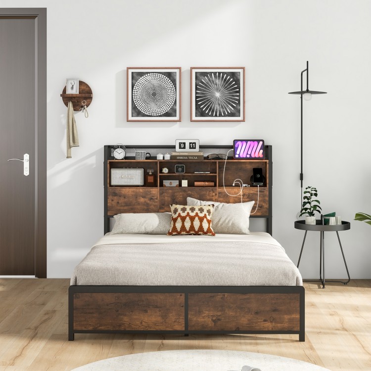 Full/Queen Size Bed Frame with 3-Tier Bookcase Headboard and Charging Station