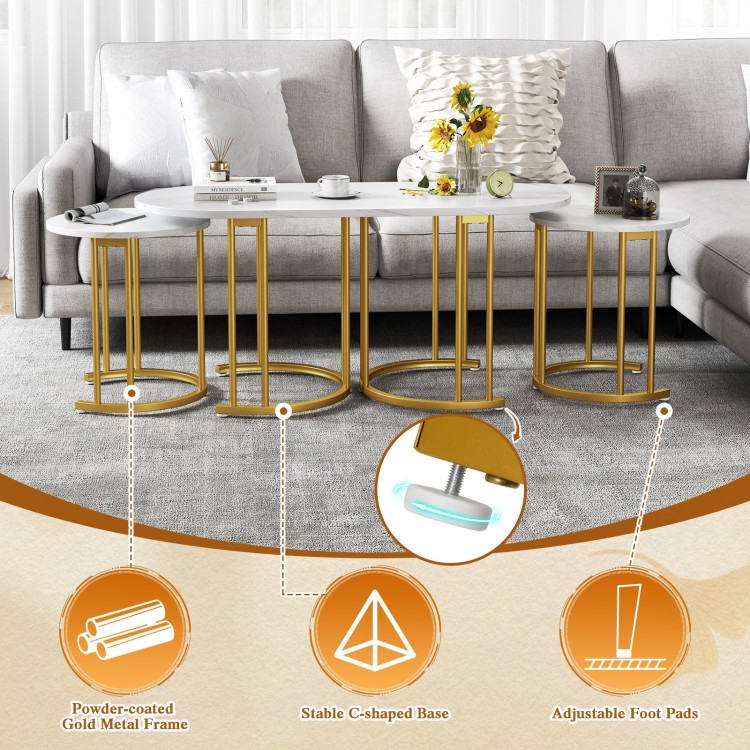 Nesting Coffee Table Set of 3 with Faux Marble Tabletop and Powder-coated Gold Metal Frame