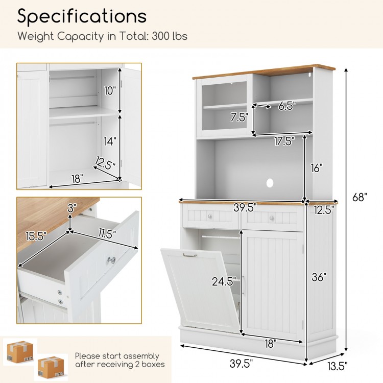 68 Inch Double Tilt Out Trash Cabinet with Hutch and Rubber Wood Countertop
