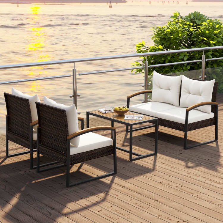 4 Pieces Patio Conversation Set with Acacia Wood Armrests and Tabletop and Cushions