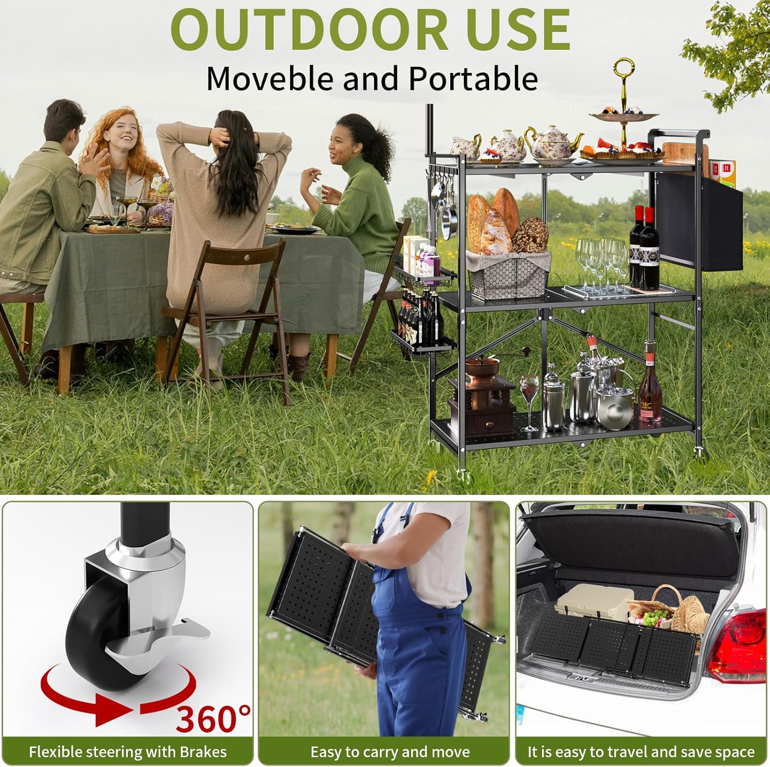 Durable 3-Tier Foldable Outdoor Grill Cart & Pizza Oven Stand Table – Rolling BBQ Table