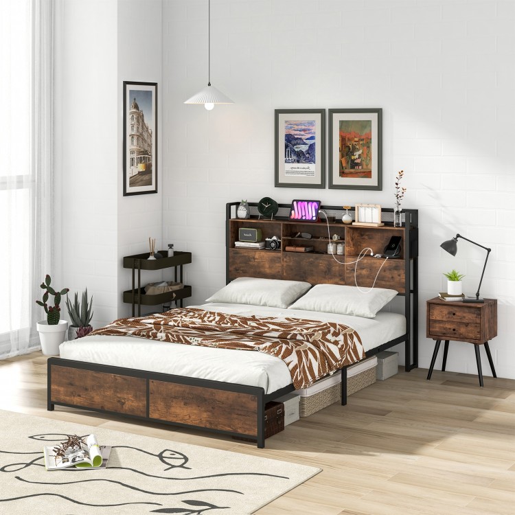 Full/Queen Size Bed Frame with 3-Tier Bookcase Headboard and Charging Station