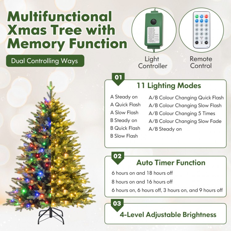5/6/7 Feet Artificial Xmas Tree Hinged with 11 Lighting Modes and Remote Control