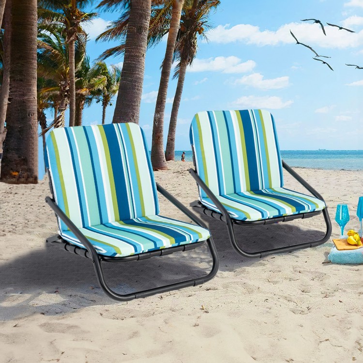 2 Pack Low Folding Beach Chairs for Adults with Cushion